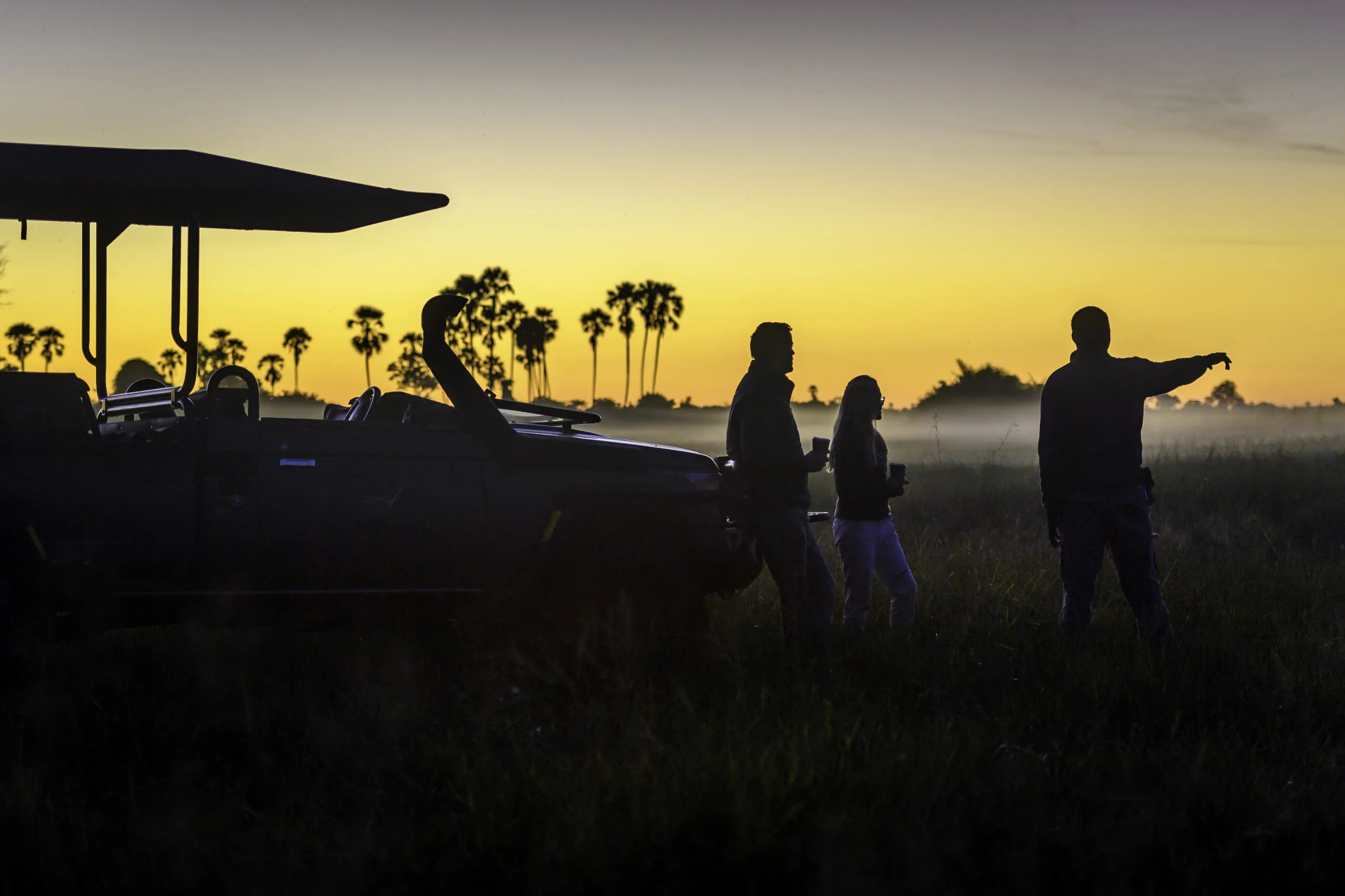 Two safari guests and a guide stand silhouetted in front of a safari vehicle at sunset, with palm trees in the distance.
