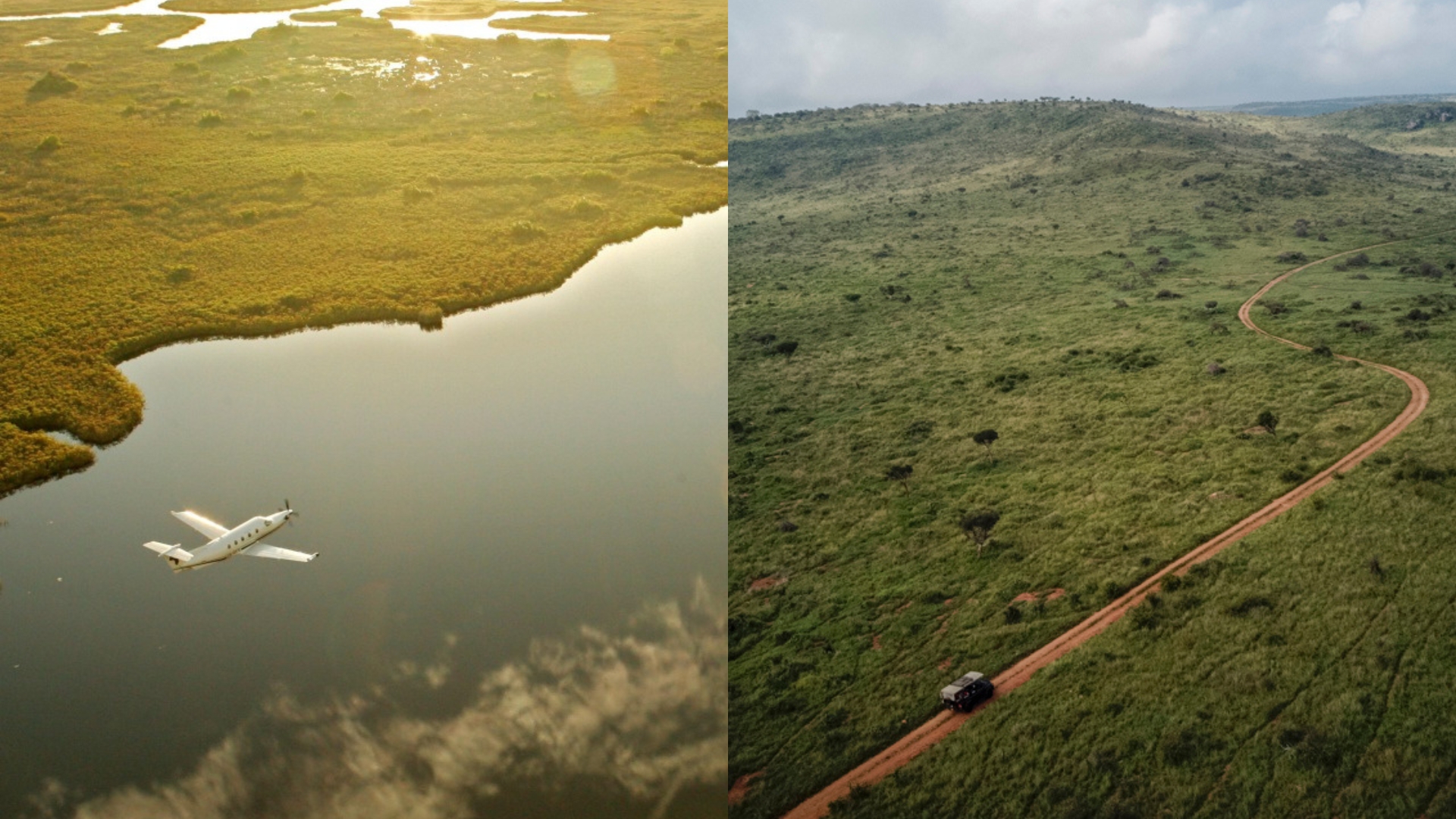 A small airplane flying over a body of water, and safari truck driving through a rugged bush landscape.