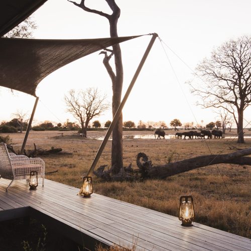 A moody scene of elephants at a distant watering hole, with a safari tent canopy, wooden deck, woven white chairs, and lanterns in the foreground.