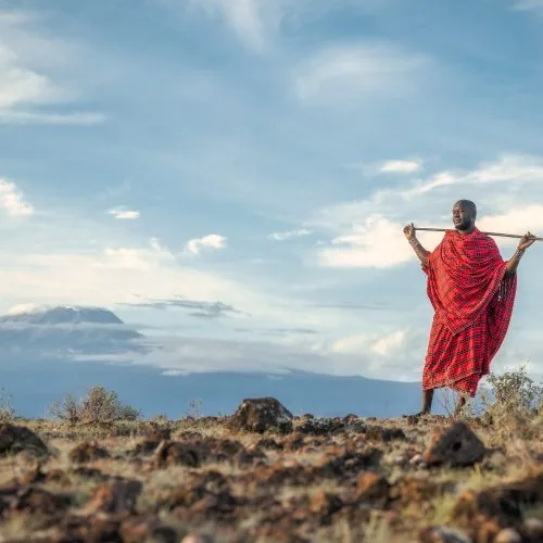Maasai man in red shuka standing with a staff on rocky plains of Amboseli National Park with Mount Kilimanjaro in the background.
