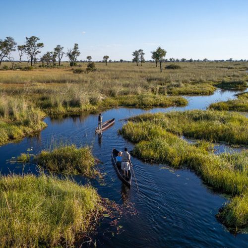 Two traditional Botswana mekoro are poled through a narrow channel, surrounded by endless grass plains under a blue sky.