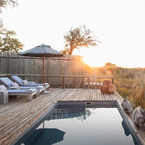 A serene plunge pool on a wooden deck, loungers, and an umbrella, surrounded by tall grass at sunrise.